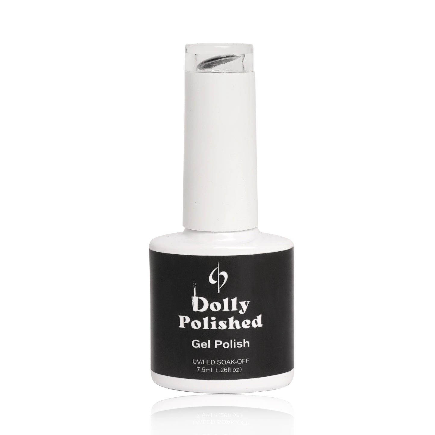 Black Gel Polish Dolly Polished bottle, exuding sophistication with deep color and glossy shine, HEMA-free for chic nails