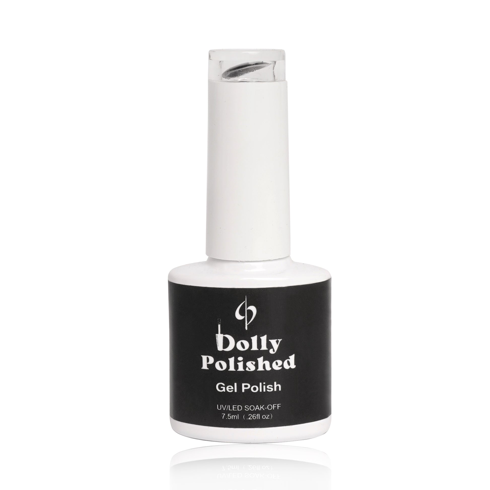 Black Gel Polish Dolly Polished bottle, exuding sophistication with deep color and glossy shine, HEMA-free for chic nails