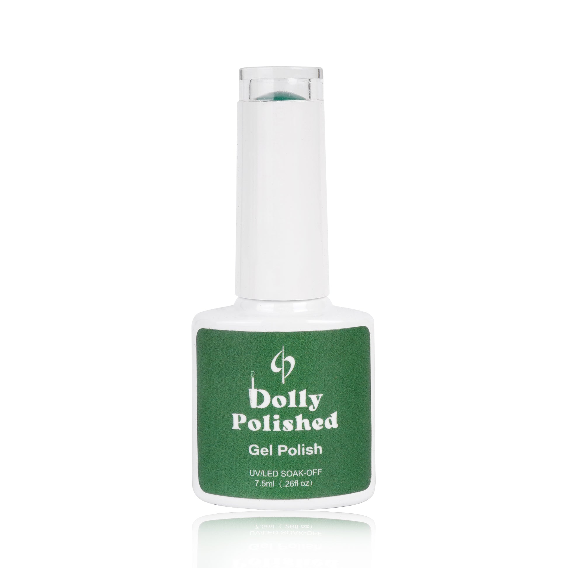 Dark Green Gel Polish Dolly Polished bottle, offering sophistication with deep color and high shine, HEMA-free for elegant nails.