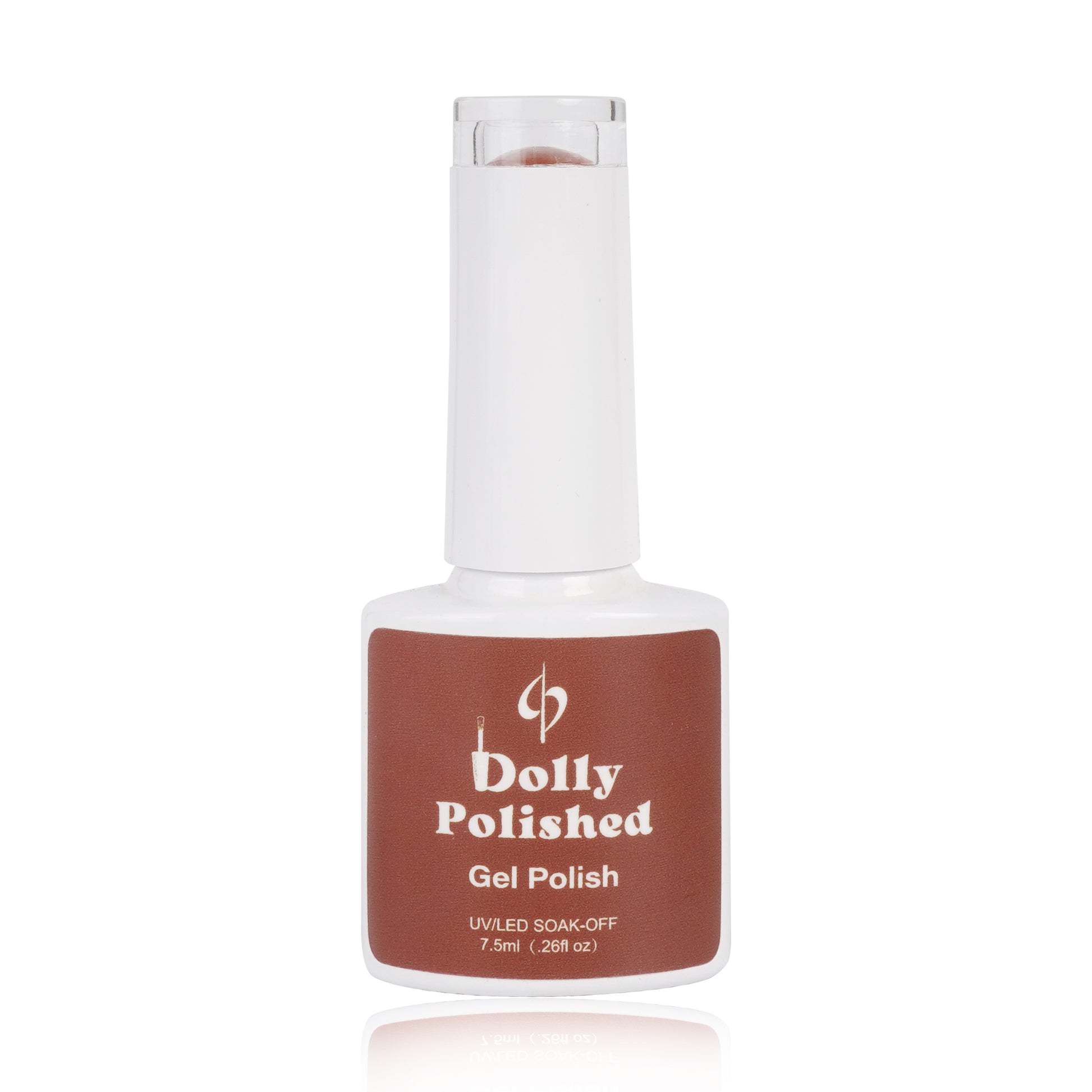 Dolly Polished Honey Brown Gel Polish bottle, providing warmth with luscious color and glossy finish, HEMA-free for chic nails.