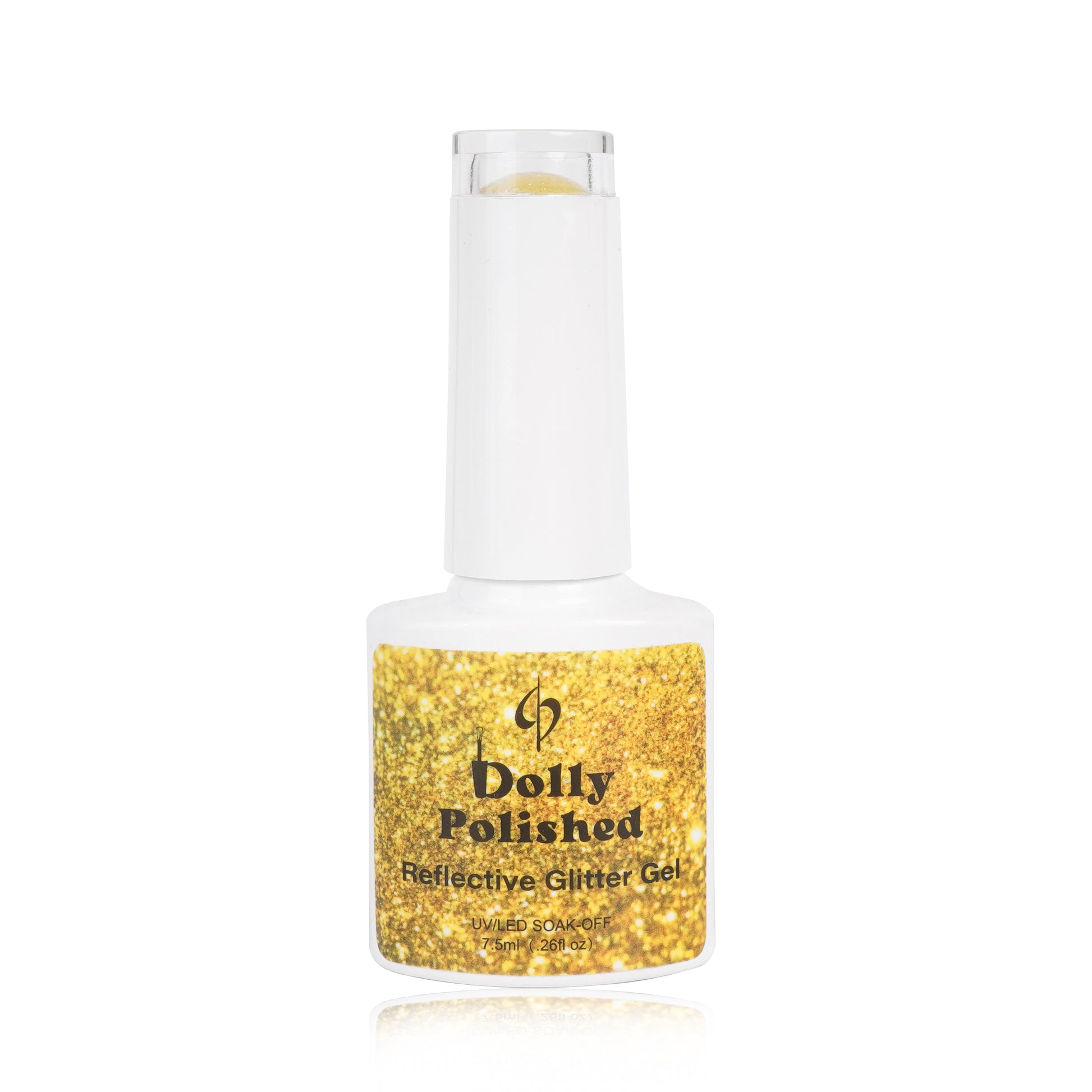 Dolly Polished Gold Reflective Glitter Gel Polish bottle, offering mesmerizing glitter effects and reflective shine, for dazzling nails.