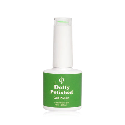 Dolly Polished Vibrant Green Gel Polish bottle, boasting rich pigmentation and glossy shine, HEMA-free for salon-quality nails.