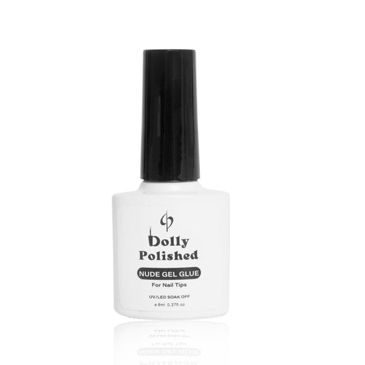 Dolly Polished Neutral Shade All-in-1 Gel Glue bottle with HEMA-free and vegan formula, highlighting six functions in one.