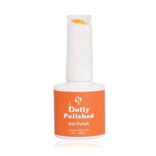 Dolly Polished Vibrant Orange Gel Polish bottle, delivering bold color and high gloss, HEMA-free formula for vibrant nails.