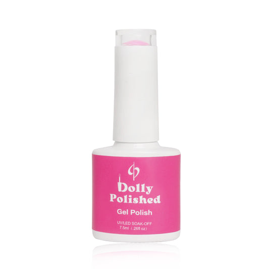 Dolly Polished Hot Pink Gel Polish bottle, exuding glamour with vibrant color and glossy texture, HEMA-free for stylish nails.