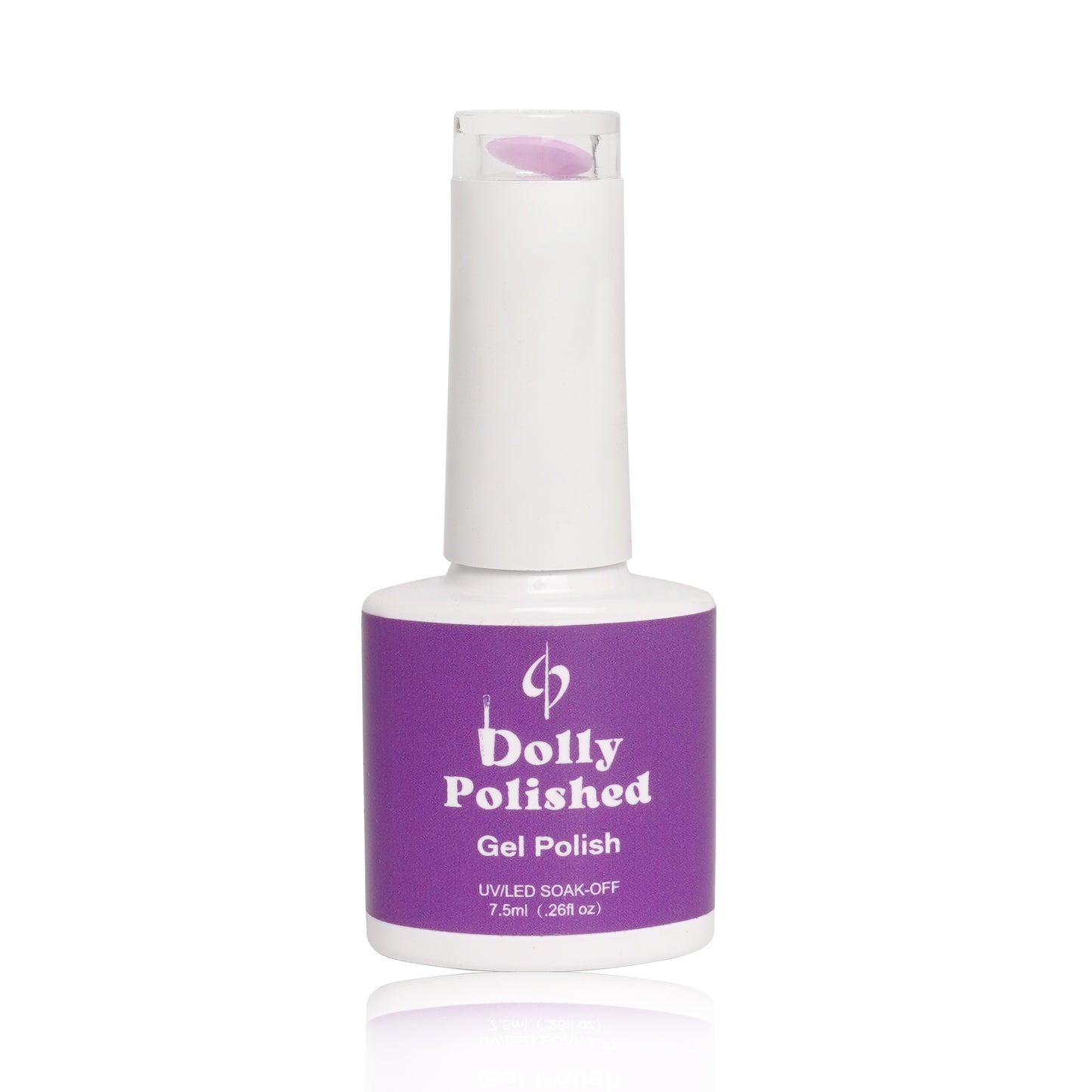 Dolly Polished Vibrant Purple Gel Polish bottle, offering intense pigmentation and a glossy finish, HEMA-free for safe nails.