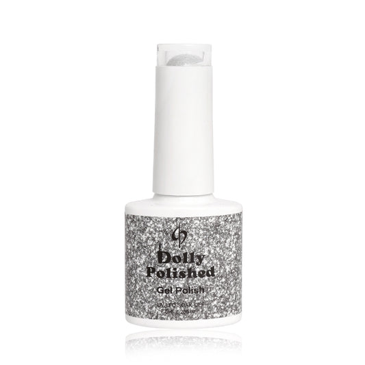 Dolly Polished Silver Glitter Gel Polish bottle, adding sparkle with metallic shine and dazzling particles, HEMA-free for glamorous nails.