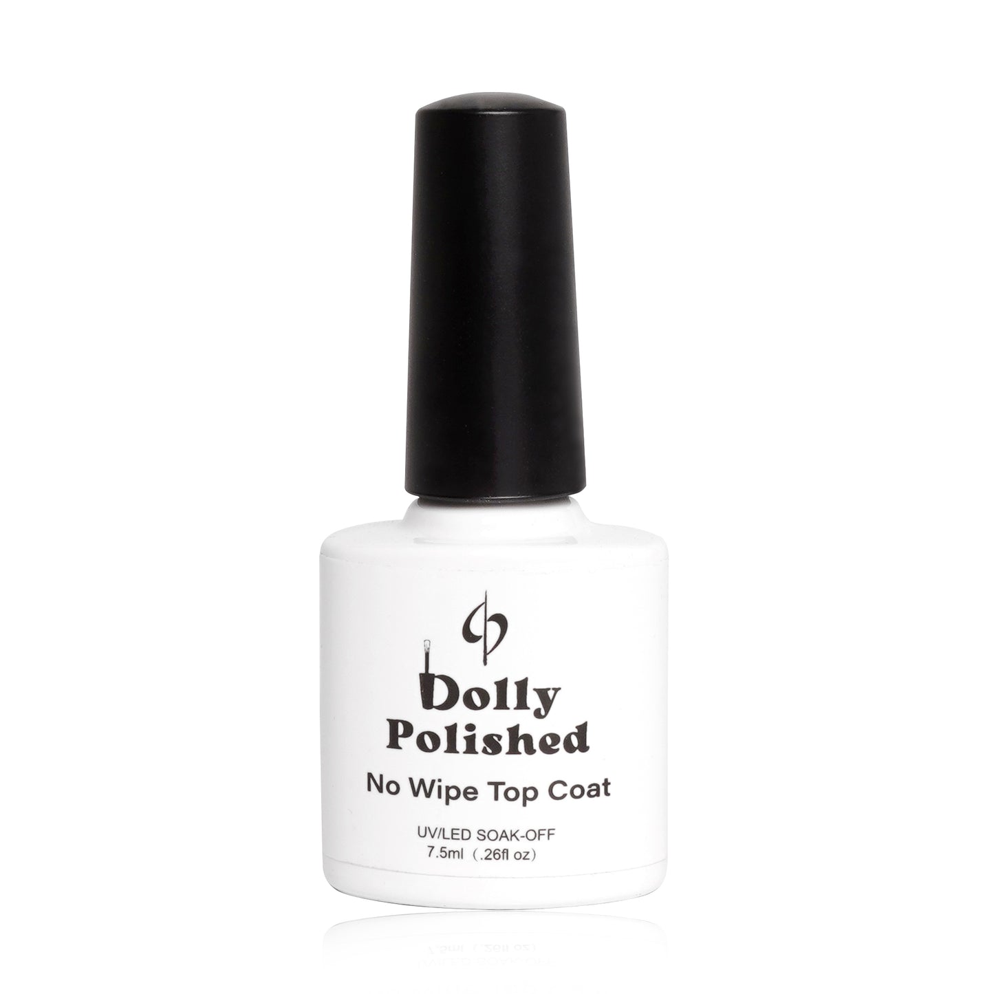 Dolly Polished Clear Glossy Top Coat bottle, sealing and protecting manicures with a high-shine, glass-like finish.