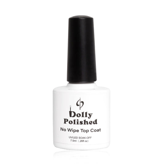 Dolly Polished Clear Glossy Top Coat bottle, sealing and protecting manicures with a high-shine, glass-like finish.