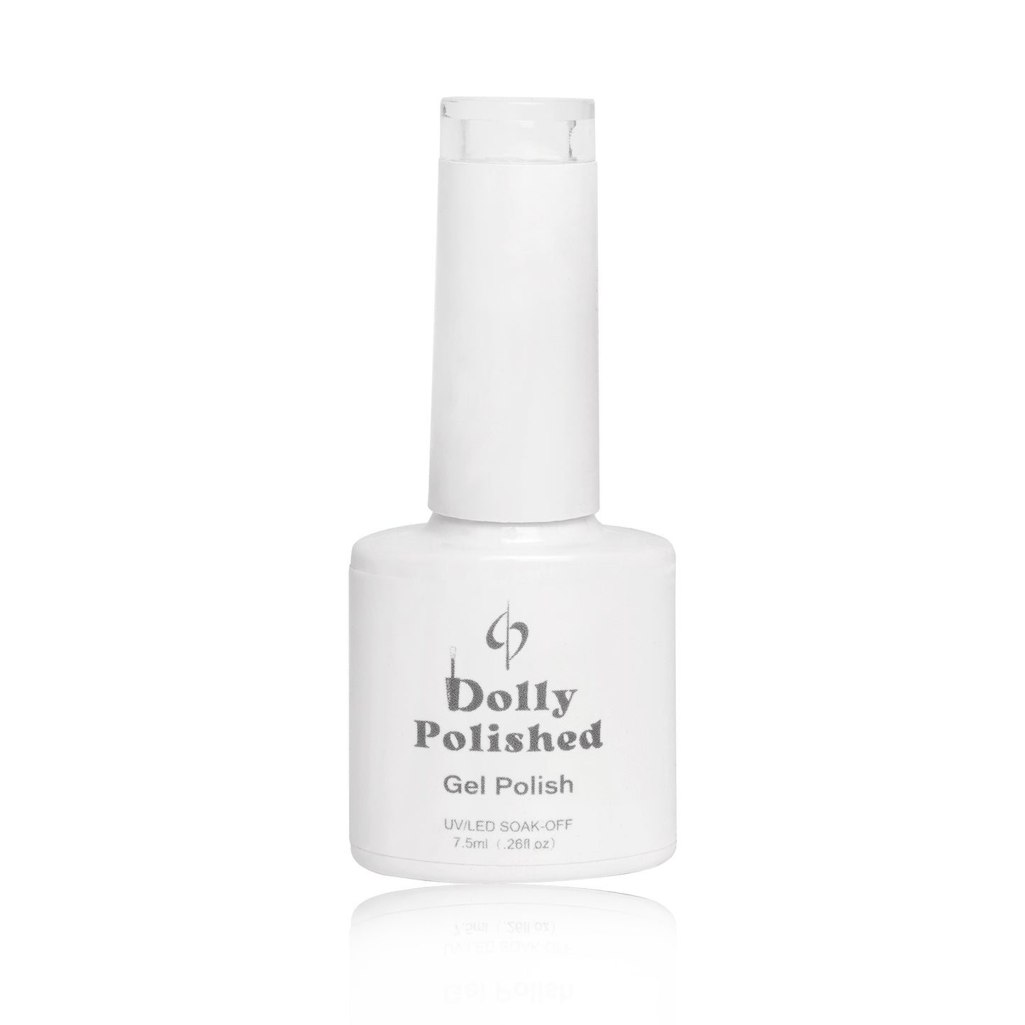 Dolly Polished White Gel Polish bottle, providing classic elegance with crisp color and glossy finish, HEMA-free for flawless nails.